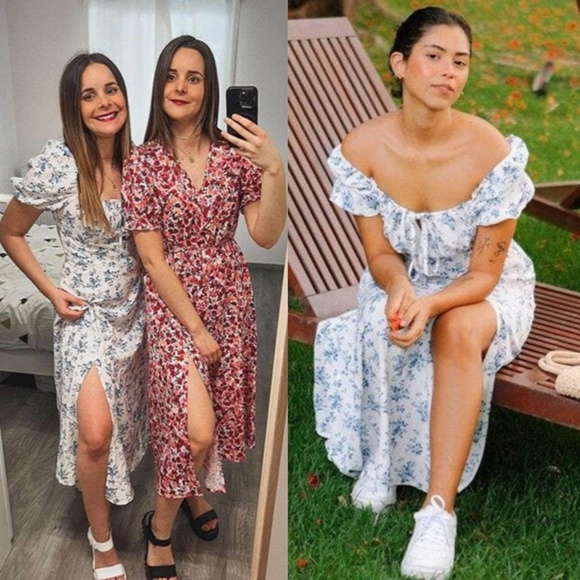 Floral Print White Flared Dress Puff Short Sleeve Leg Slit - Picture 12 of 16